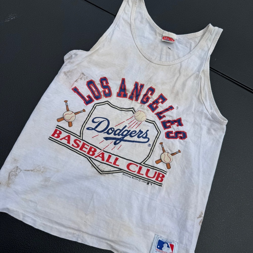 Nutmeg Mills Tank Top Mens M White Fair Thrashed 1988 LA Dodgers MLB USA 4212
